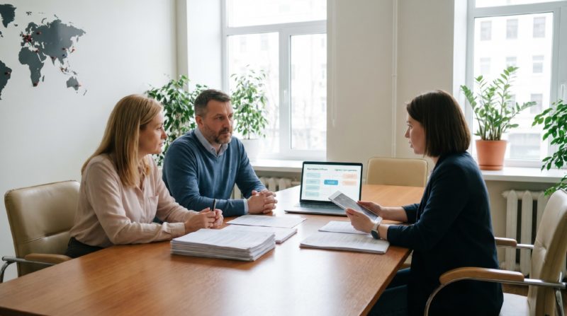 Биологические родители на консультации с координатором агентства, обсуждение критериев подбора суррогатной матери и сроков программы