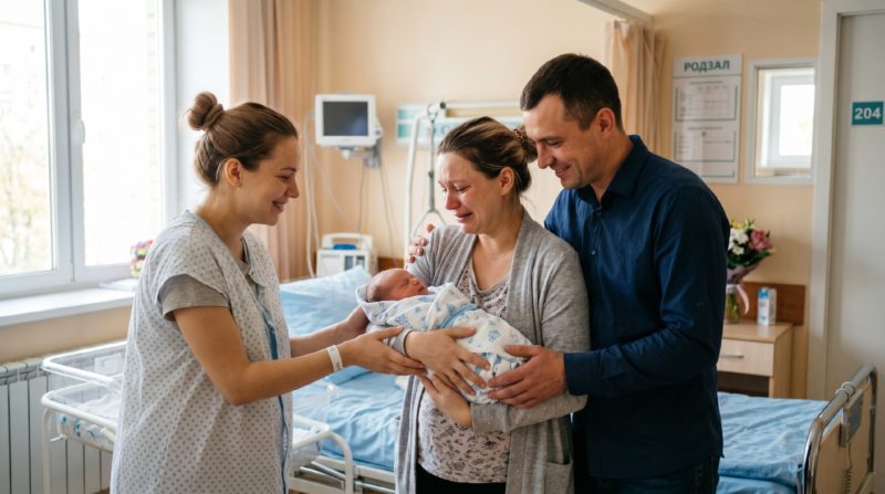 Биологические родители получают новорождённого ребёнка в роддоме после программы суррогатного материнства (момент передачи после согласия сурмамы)