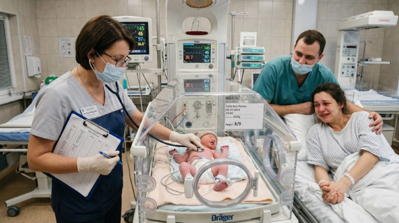 Новорождённый в кювезе сразу после родов, педиатр проводит первичный осмотр и оценку по шкале Апгар перед передачей биологическим родителям