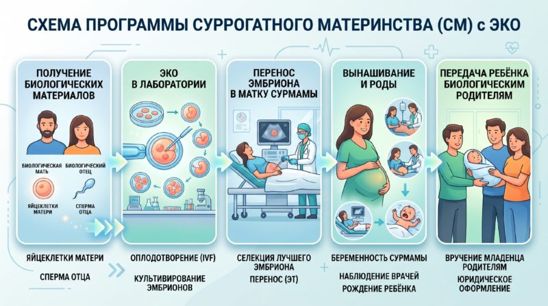 Схема программы СМ, яйцеклетки биологической матери и сперма биологического отца, ЭКО в лаборатории, перенос эмбриона в матку сурмамы
